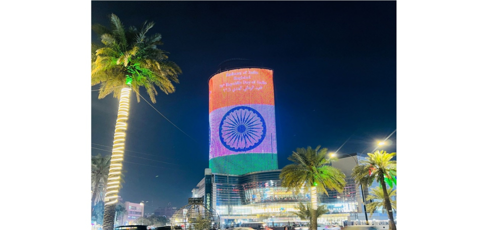 On the occasion of the 76th Republic Day, the Baghdad Mall’s Digital Tower, a popular building in the heart of the city, was illuminated in tricolour.